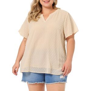 Women's Plus Size Blouses Pin Dots Round Neck Basic Top Beige